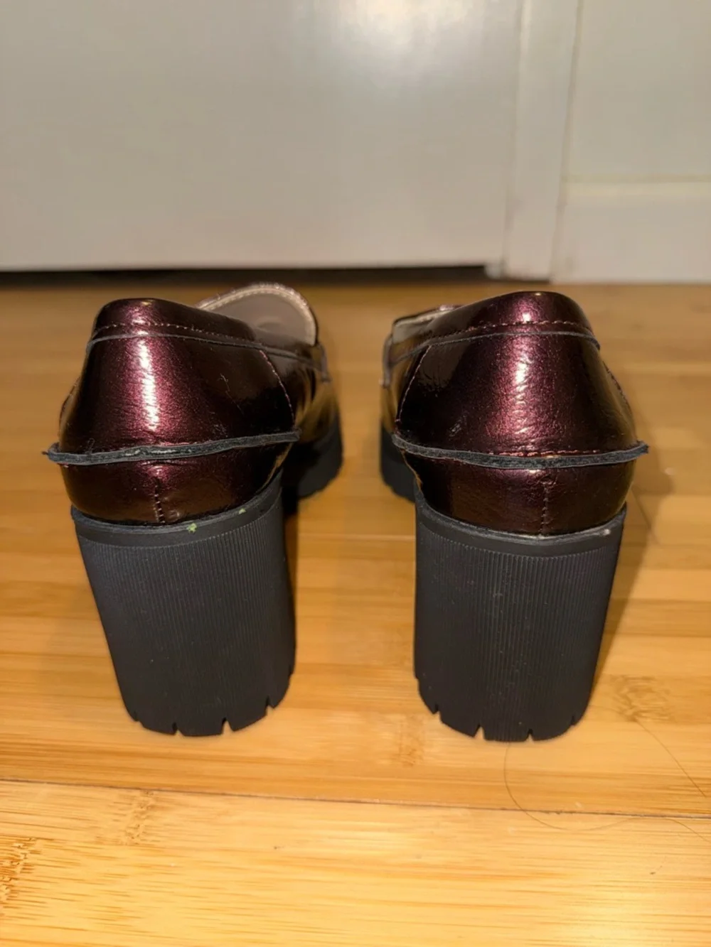 Sun + Stone Chunky Heel Penny Loafer - Burgundy Patent - Picture 3 of 5